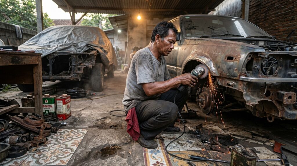 Daftar peralatan lengkap untuk restorasi bodi mobil klasik bagi pemula termasuk gerinda, kompresor, dan spray gun.