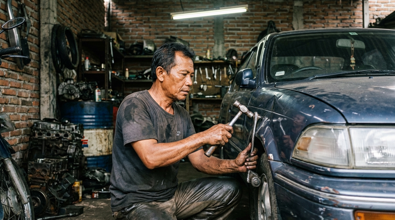 Daftar peralatan lengkap untuk restorasi bodi mobil klasik bagi pemula termasuk gerinda, kompresor, dan spray gun.