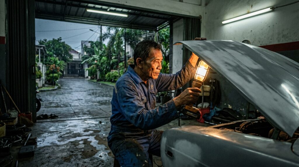 Proses penyemprotan epoxy primer pada bodi mobil klasik menggunakan spray gun HVLP di bengkel restorasi.