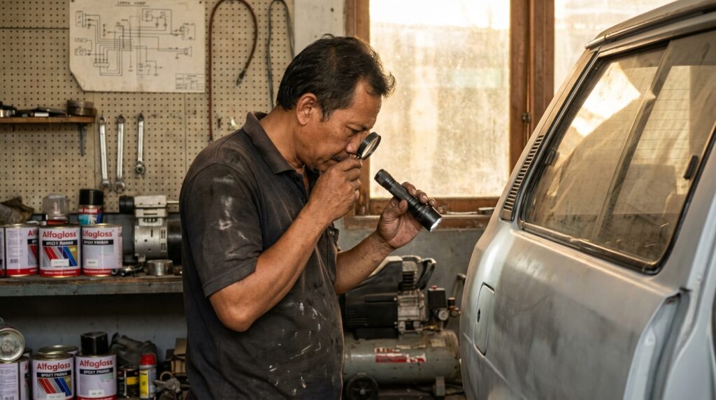 Proses penyemprotan epoxy primer pada bodi mobil klasik menggunakan spray gun HVLP di bengkel restorasi.