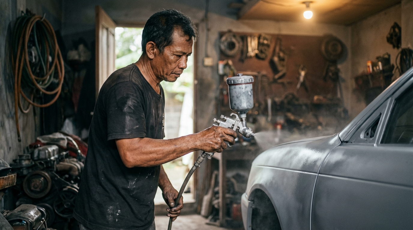 Proses penyemprotan epoxy primer pada bodi mobil klasik menggunakan spray gun HVLP di bengkel restorasi.