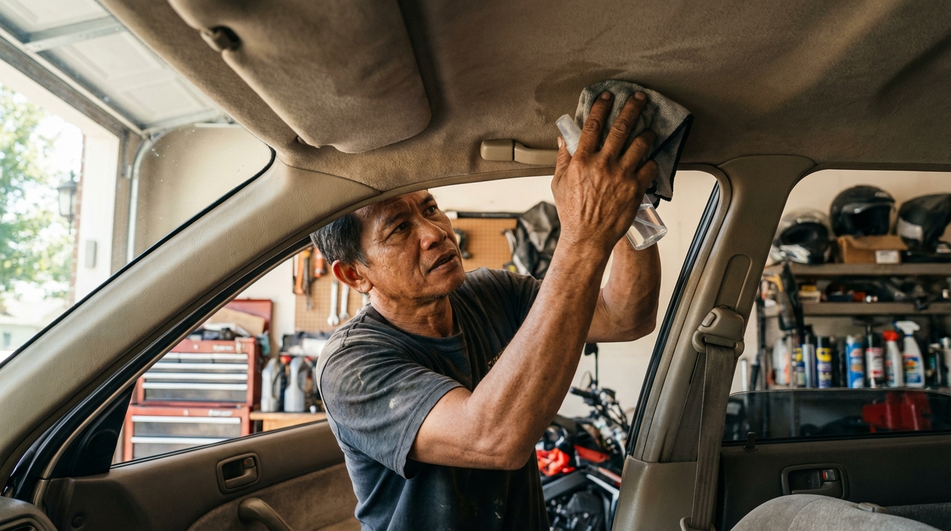 Proses membersihkan plafon mobil beludru menggunakan kain microfiber dan cairan pembersih khusus kain di bengkel restorasi.