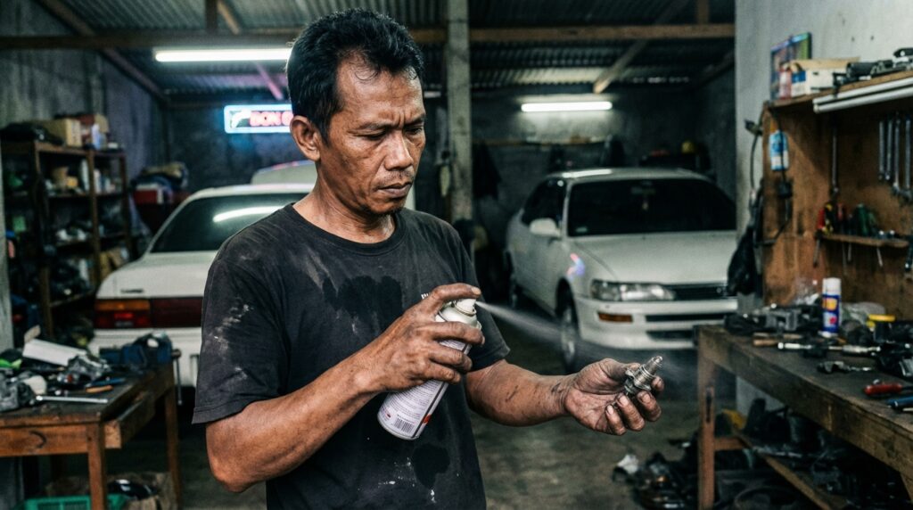 Proses membersihkan sensor MAF dan O2 menggunakan cairan contact cleaner pada mobil tua untuk lolos uji emisi.