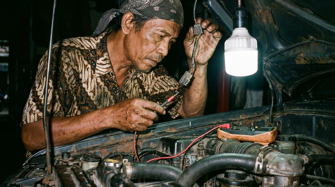 Proses membersihkan sensor MAF dan O2 menggunakan cairan contact cleaner pada mobil tua untuk lolos uji emisi.