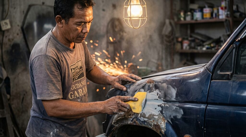 Proses pembersihan karat sasis mobil menggunakan sikat baja dan aplikasi epoxy primer 2K untuk restorasi mobil tua.