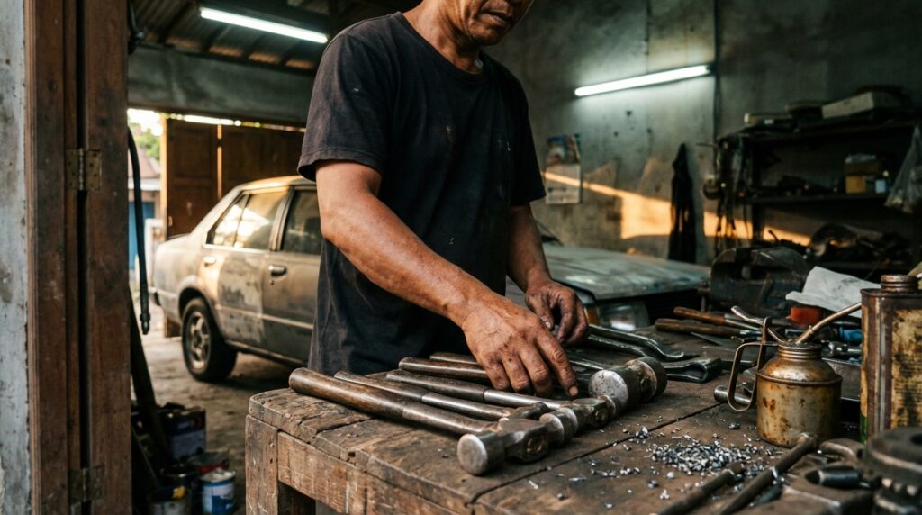 Proses pembersihan karat sasis mobil menggunakan sikat baja dan aplikasi epoxy primer 2K untuk restorasi mobil tua.