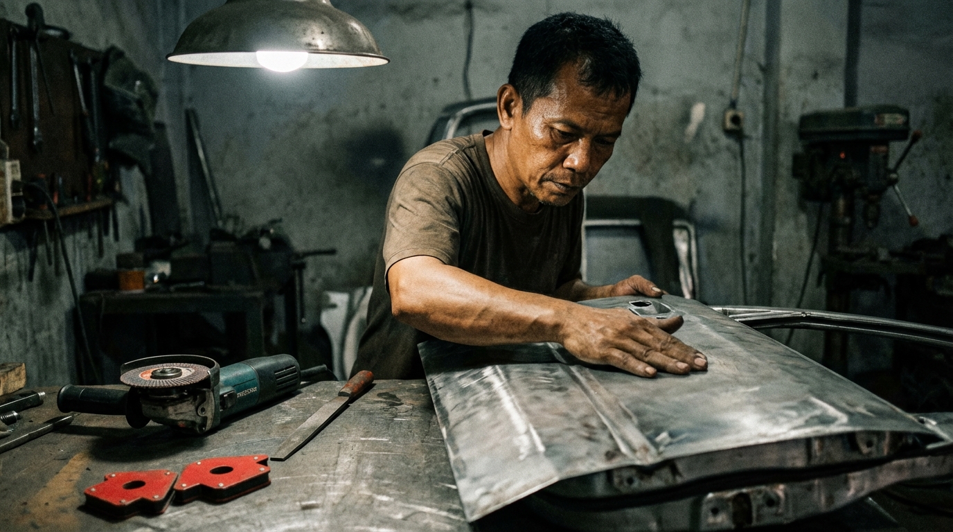 Proses pembersihan karat sasis mobil menggunakan sikat baja dan aplikasi epoxy primer 2K untuk restorasi mobil tua.
