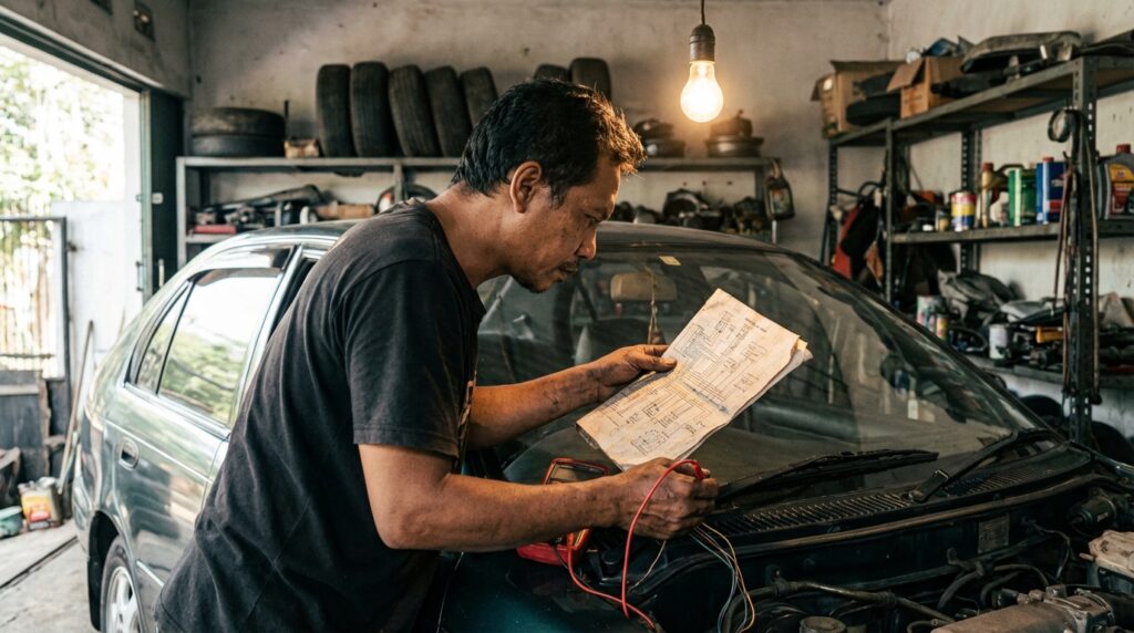 Bima Satriya sedang melakukan pengecekan wiring diagram mobil lawas