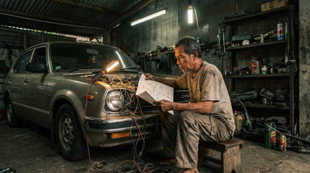 Bima Satriya sedang melakukan pengecekan wiring diagram mobil lawas