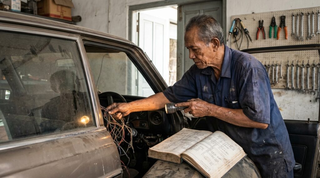 Bima Satriya sedang melakukan pengecekan wiring diagram mobil lawas