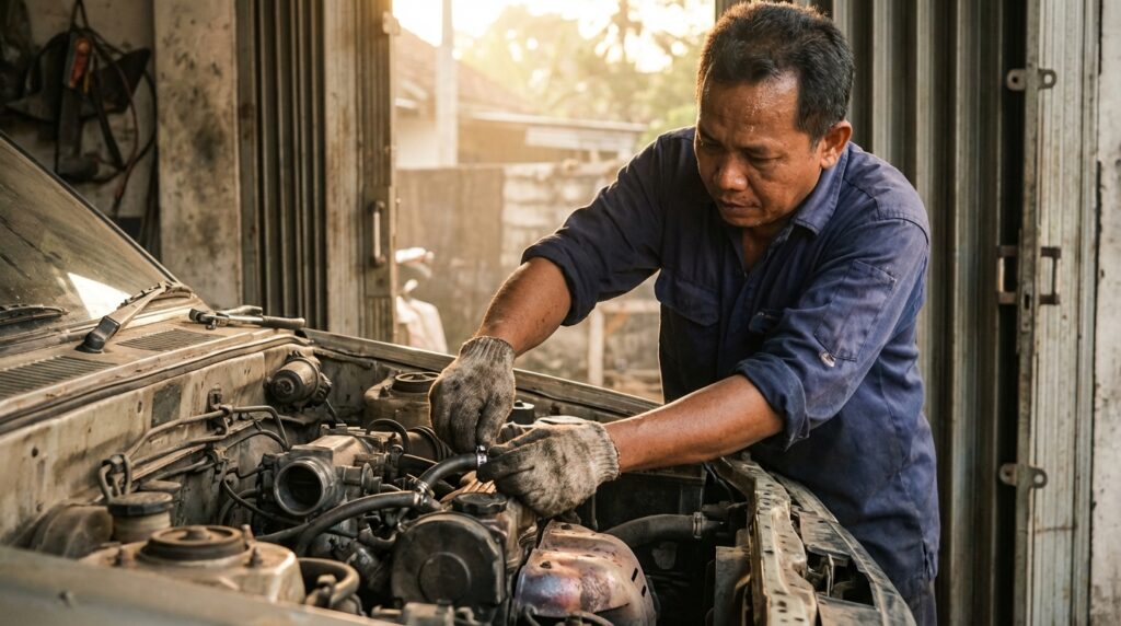 Proses cara purging injektor sendiri pada mesin mobil bensin menggunakan tabung tekanan DIY dan cairan pembersih khusus.