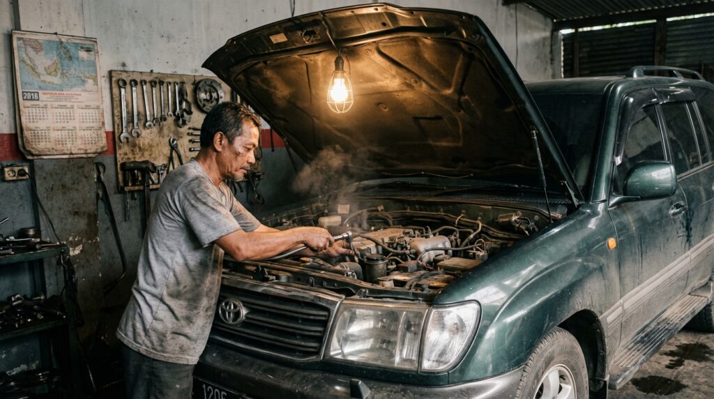 Proses cara purging injektor sendiri pada mesin mobil bensin menggunakan tabung tekanan DIY dan cairan pembersih khusus.