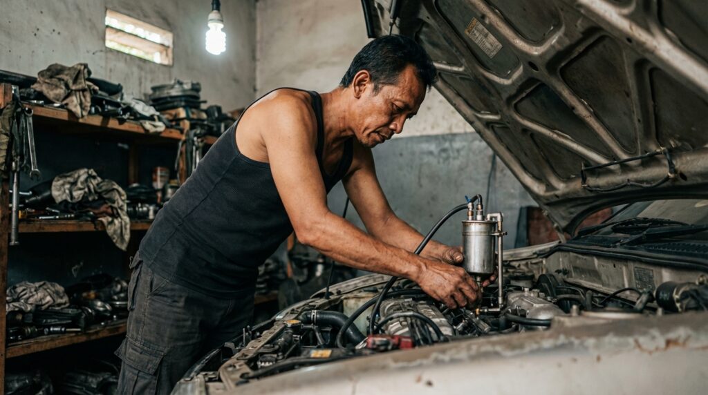Proses cara purging injektor sendiri pada mesin mobil bensin menggunakan tabung tekanan DIY dan cairan pembersih khusus.