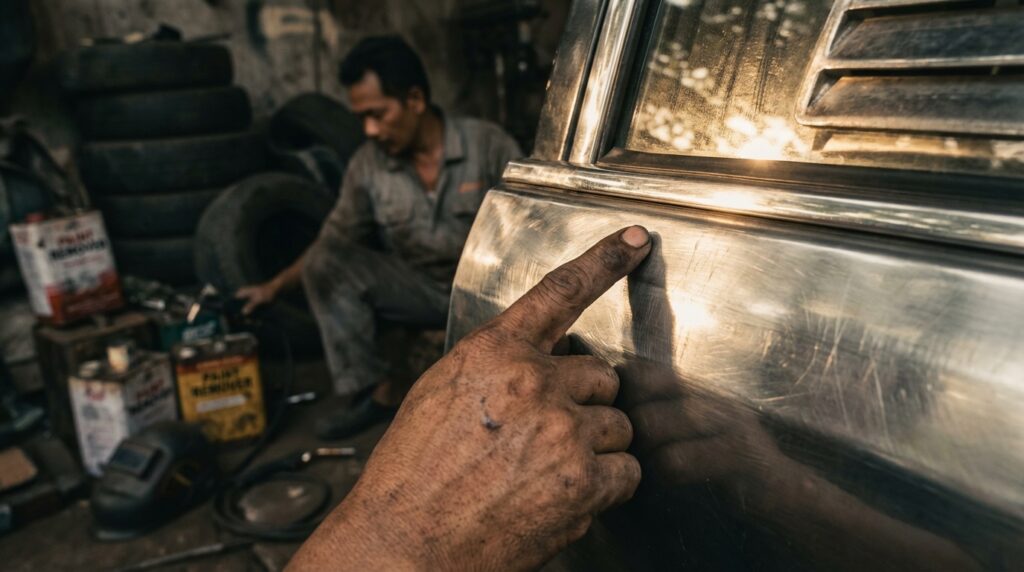 Proses merontokkan cat mobil tua sampai pelat besi menggunakan kape dan paint remover di bengkel restorasi.