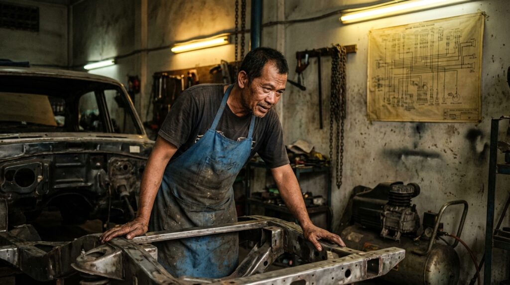 Proses merontokkan cat mobil tua sampai pelat besi menggunakan kape dan paint remover di bengkel restorasi.