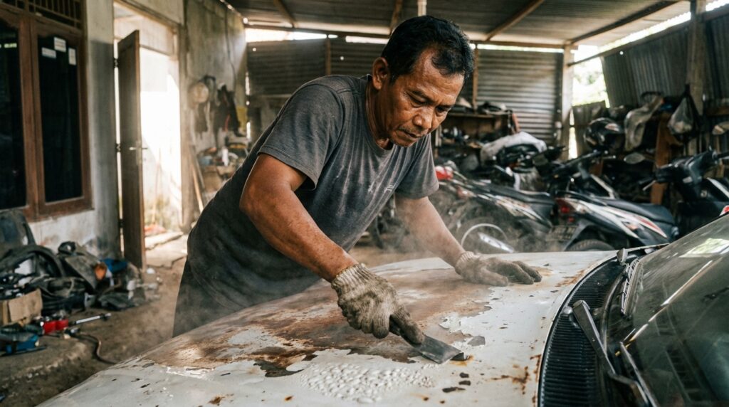 Proses merontokkan cat mobil tua sampai pelat besi menggunakan kape dan paint remover di bengkel restorasi.