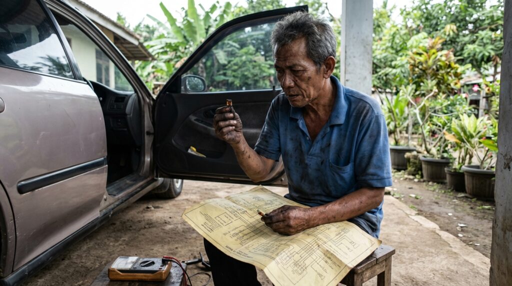 Mekanik melakukan diagnosis korslet kabel bodi menggunakan multimeter pada mobil klasik 90-an.