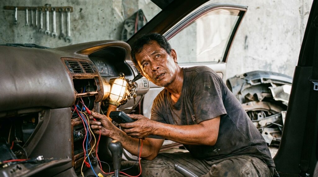 Mekanik melakukan diagnosis korslet kabel bodi menggunakan multimeter pada mobil klasik 90-an.