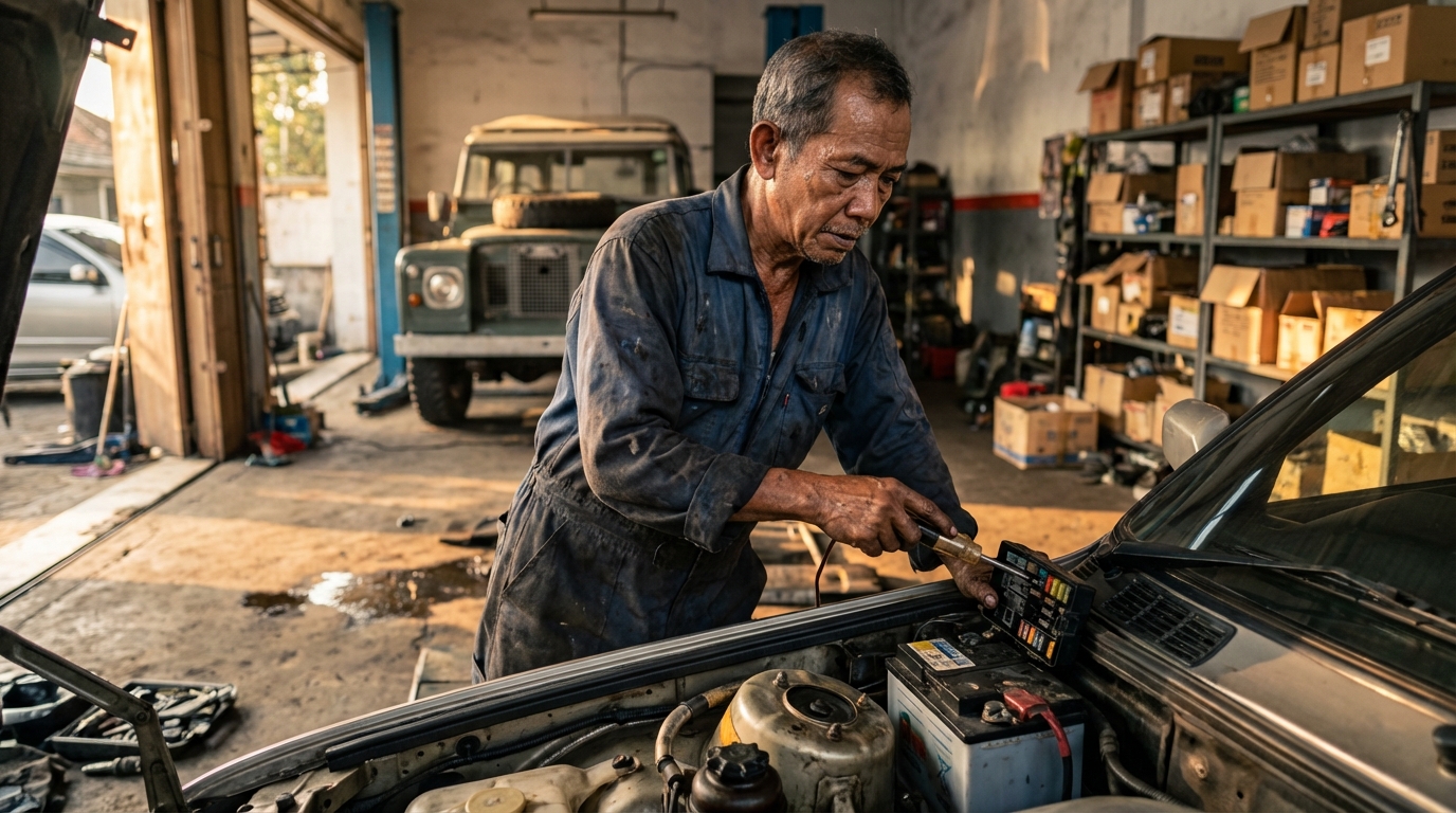Mekanik melakukan diagnosis korslet kabel bodi menggunakan multimeter pada mobil klasik 90-an.