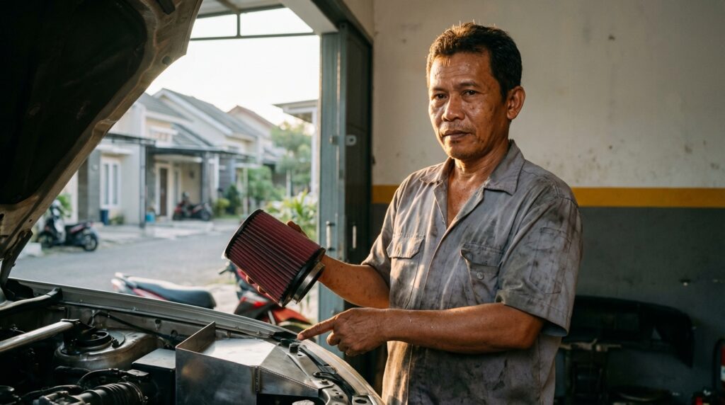 Ilustrasi pemasangan open filter pada mesin mobil klasik era 90an dengan sekat panas khusus untuk performa maksimal.