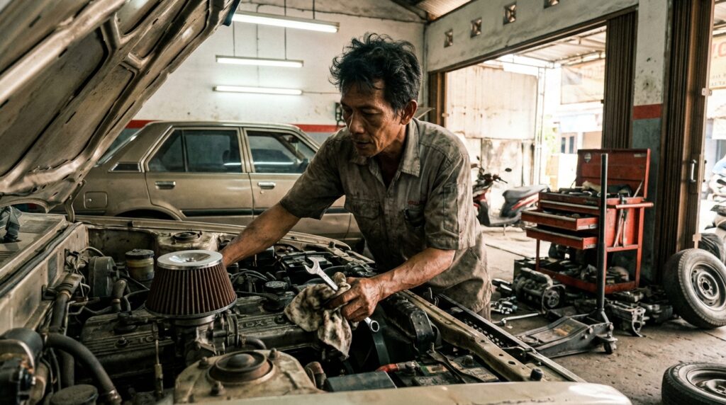 Ilustrasi pemasangan open filter pada mesin mobil klasik era 90an dengan sekat panas khusus untuk performa maksimal.