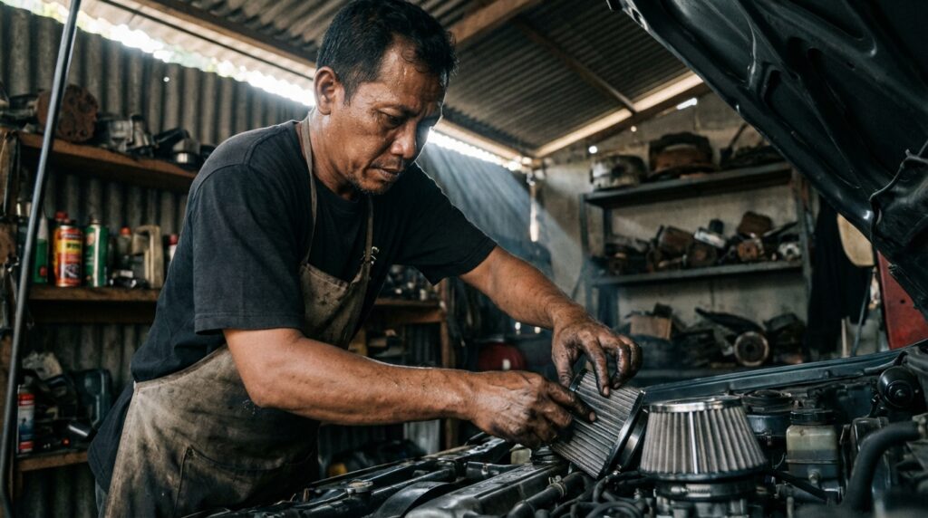 Ilustrasi pemasangan open filter pada mesin mobil klasik era 90an dengan sekat panas khusus untuk performa maksimal.