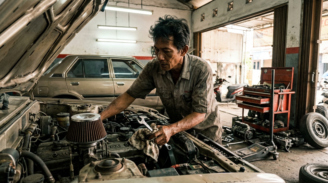 Ilustrasi pemasangan open filter pada mesin mobil klasik era 90an dengan sekat panas khusus untuk performa maksimal.