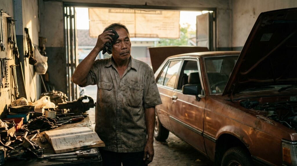 Mekanik ahli sedang melakukan pengetesan jalur kelistrikan kabel mobil dan pengecekan komponen kaki-kaki mobil tua menggunakan multimeter.