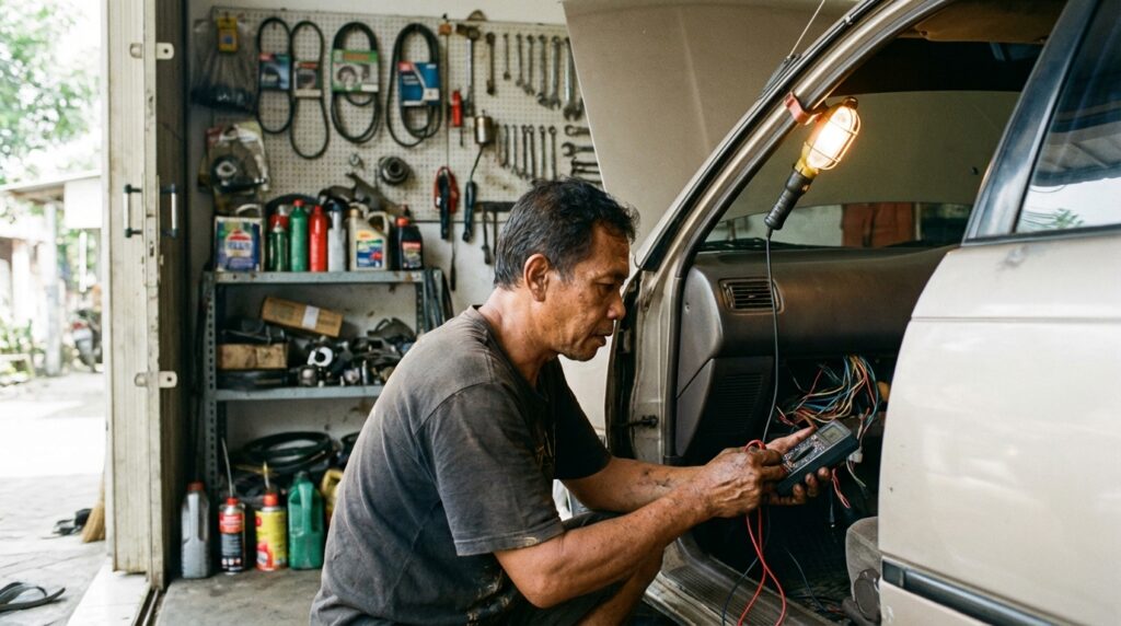 Mekanik ahli sedang melakukan pengetesan jalur kelistrikan kabel mobil dan pengecekan komponen kaki-kaki mobil tua menggunakan multimeter.