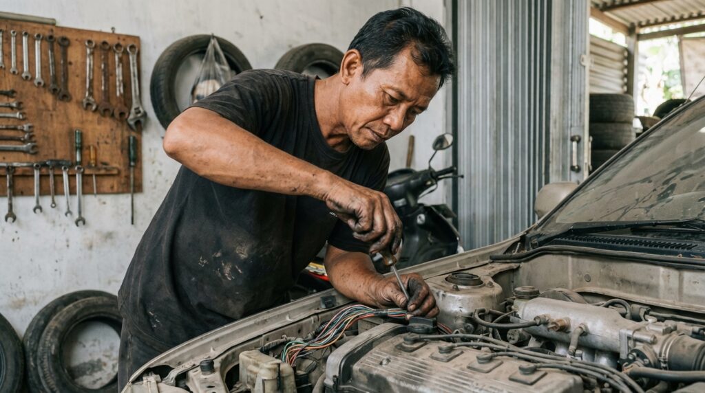 Bima Satriya sedang melakukan instalasi wiring harness pada mesin engine swap di garasi restorasi.
