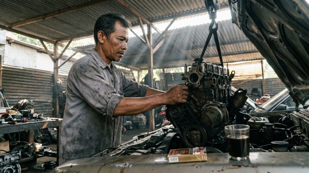 Bima Satriya sedang melakukan instalasi wiring harness pada mesin engine swap di garasi restorasi.