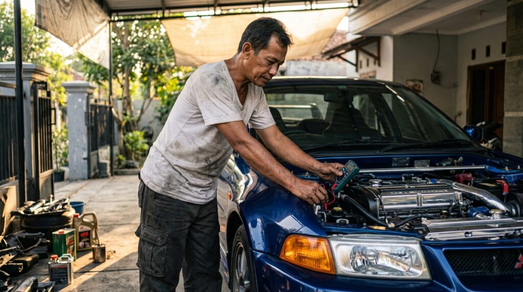 Bima Satriya sedang melakukan instalasi wiring harness pada mesin engine swap di garasi restorasi.