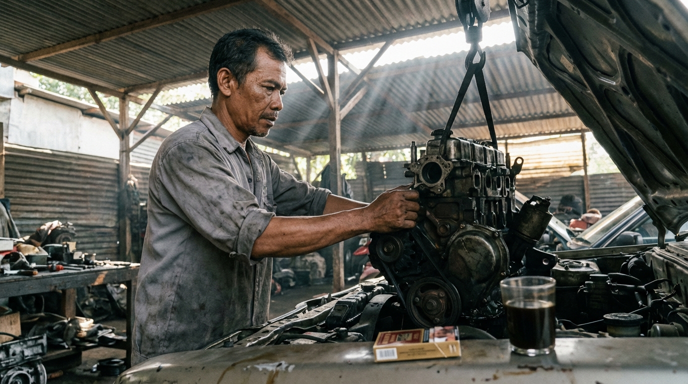 Bima Satriya sedang melakukan instalasi wiring harness pada mesin engine swap di garasi restorasi.