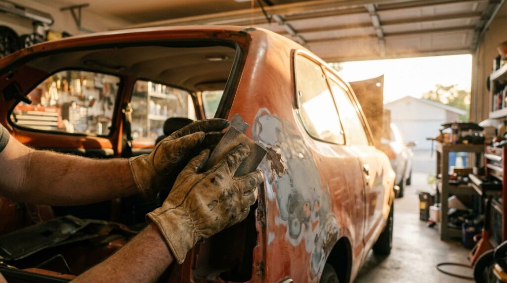 Proses pengelasan plat bodi mobil klasik menggunakan las MIG di bengkel restorasi profesional.