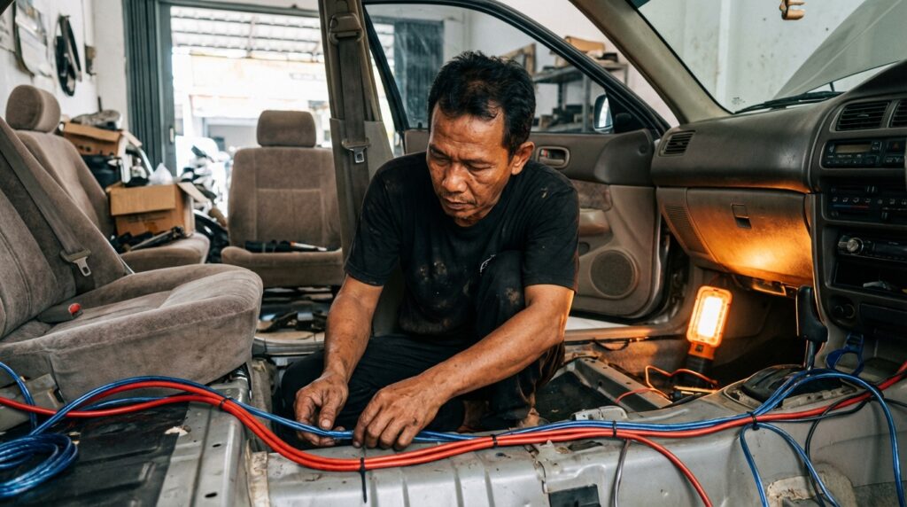 Panduan teknis cara pasang audio mobil bebas storing dengan teknik urut kabel dan grounding yang benar pada mobil tua.