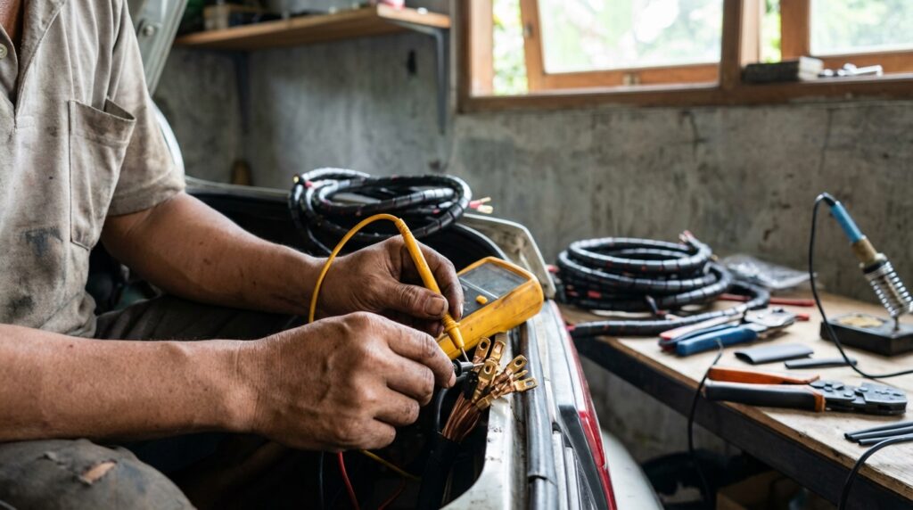 Panduan teknis cara pasang audio mobil bebas storing dengan teknik urut kabel dan grounding yang benar pada mobil tua.