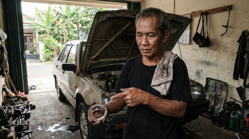 Mekanik sedang mengecek suhu mesin mobil tua menggunakan termometer inframerah untuk mencari titik buntu pada radiator.