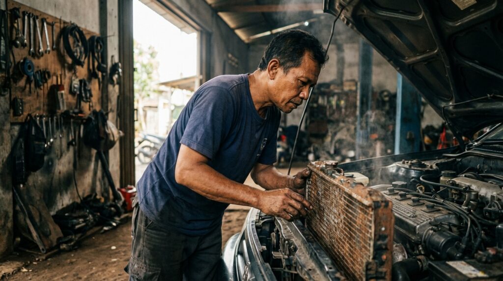 Mekanik sedang mengecek suhu mesin mobil tua menggunakan termometer inframerah untuk mencari titik buntu pada radiator.