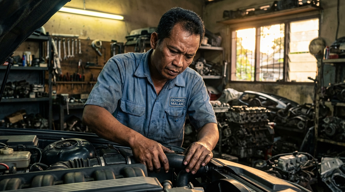 Mekanik sedang mengecek suhu mesin mobil tua menggunakan termometer inframerah untuk mencari titik buntu pada radiator.