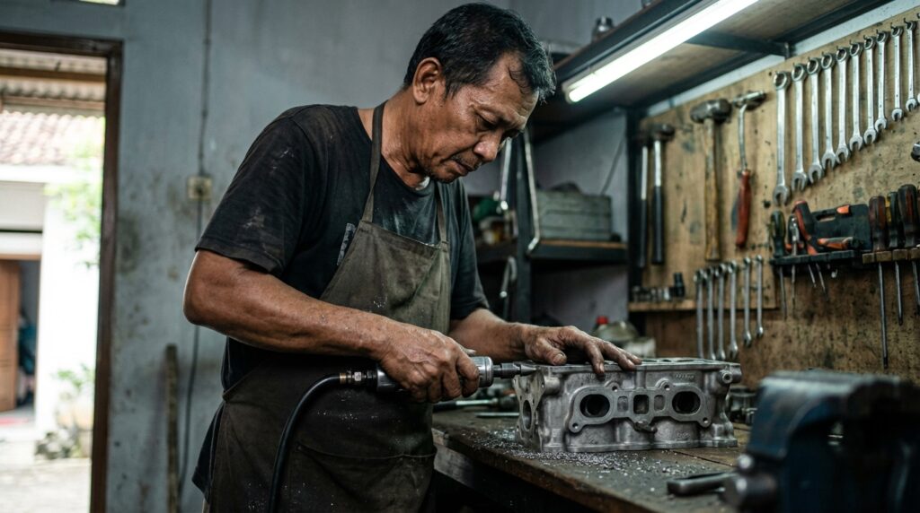 Proses porting polish halus pada kepala silinder mobil sedan 90-an untuk penggunaan harian.