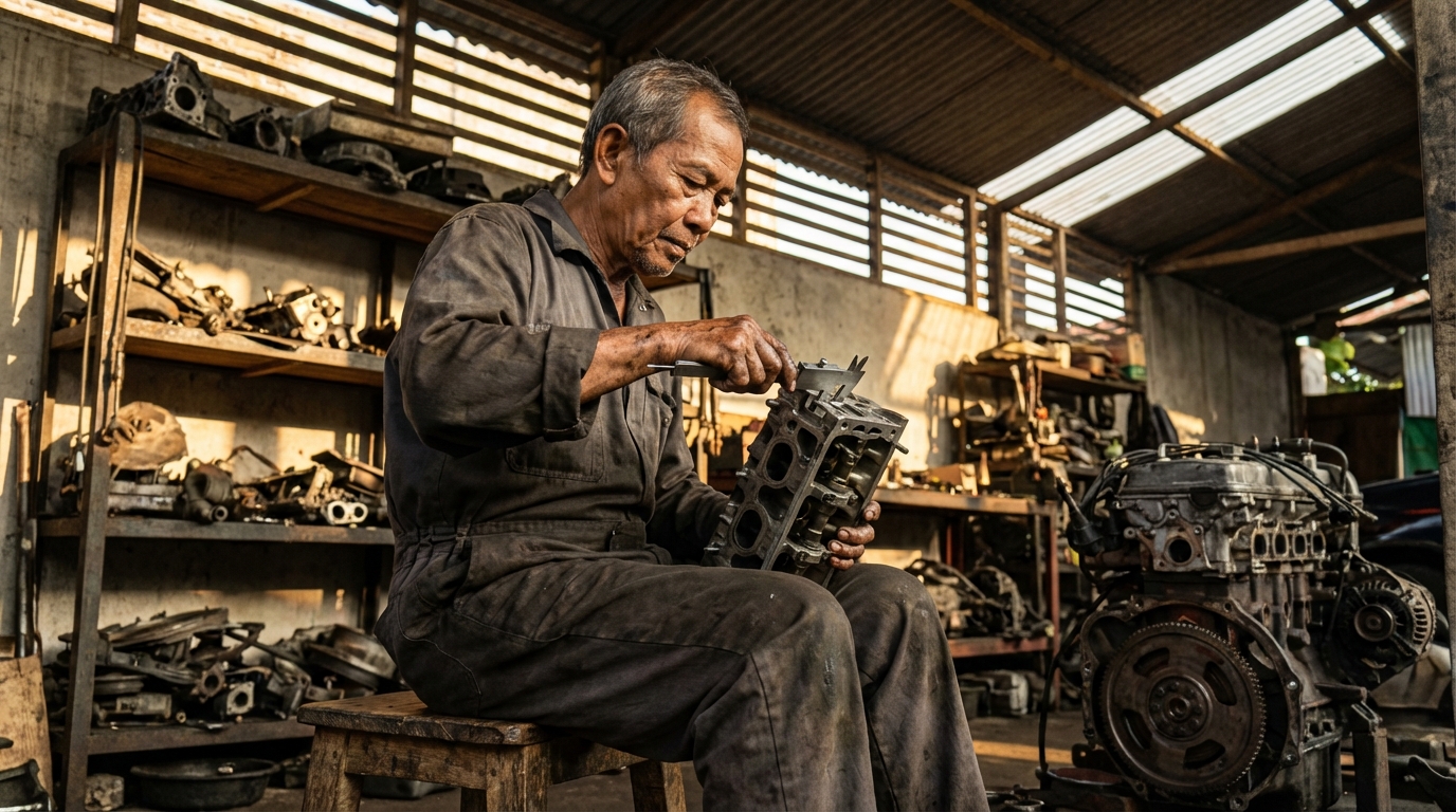 Proses porting polish halus pada kepala silinder mobil sedan 90-an untuk penggunaan harian.