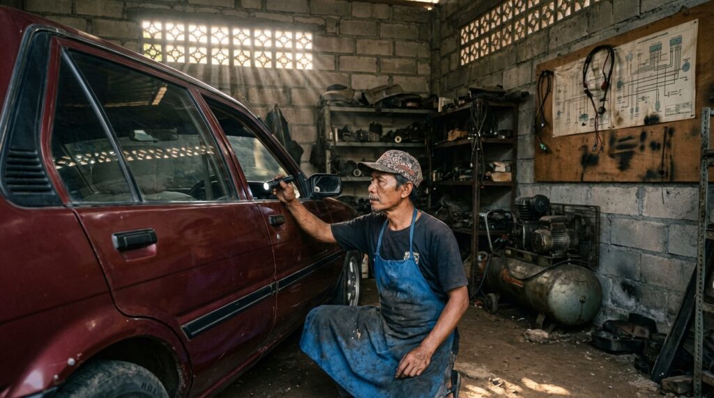 Proses pemasangan karet kaca baru pada mobil retro untuk mencegah kebocoran air dan bunyi angin.