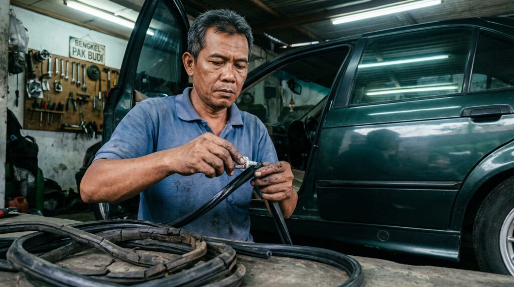 Proses pemasangan karet kaca baru pada mobil retro untuk mencegah kebocoran air dan bunyi angin.
