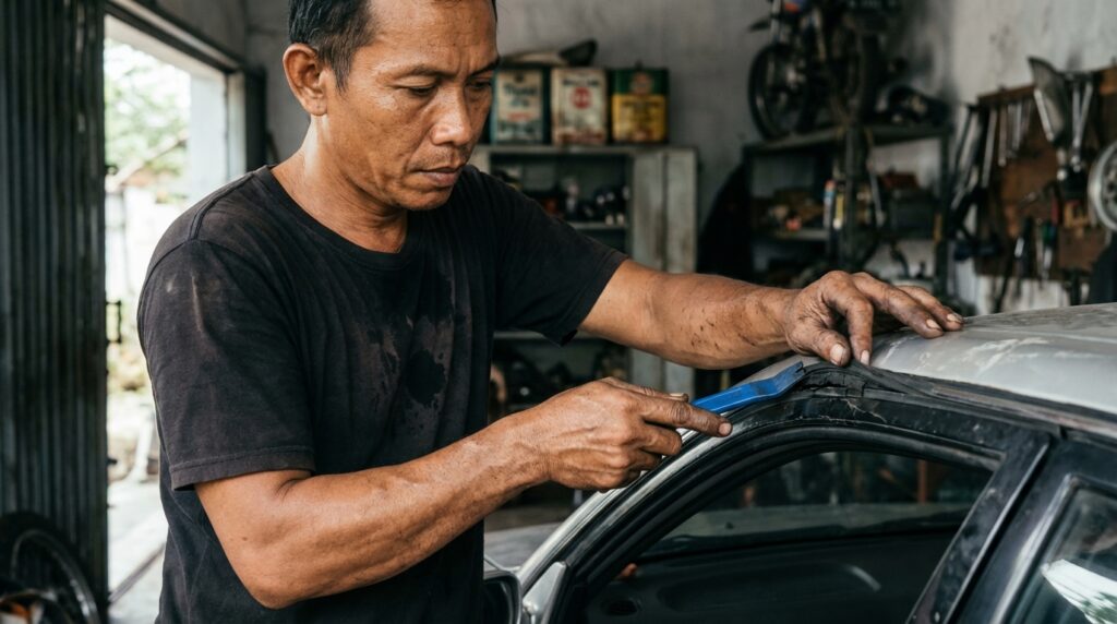 Proses pemasangan karet kaca baru pada mobil retro untuk mencegah kebocoran air dan bunyi angin.