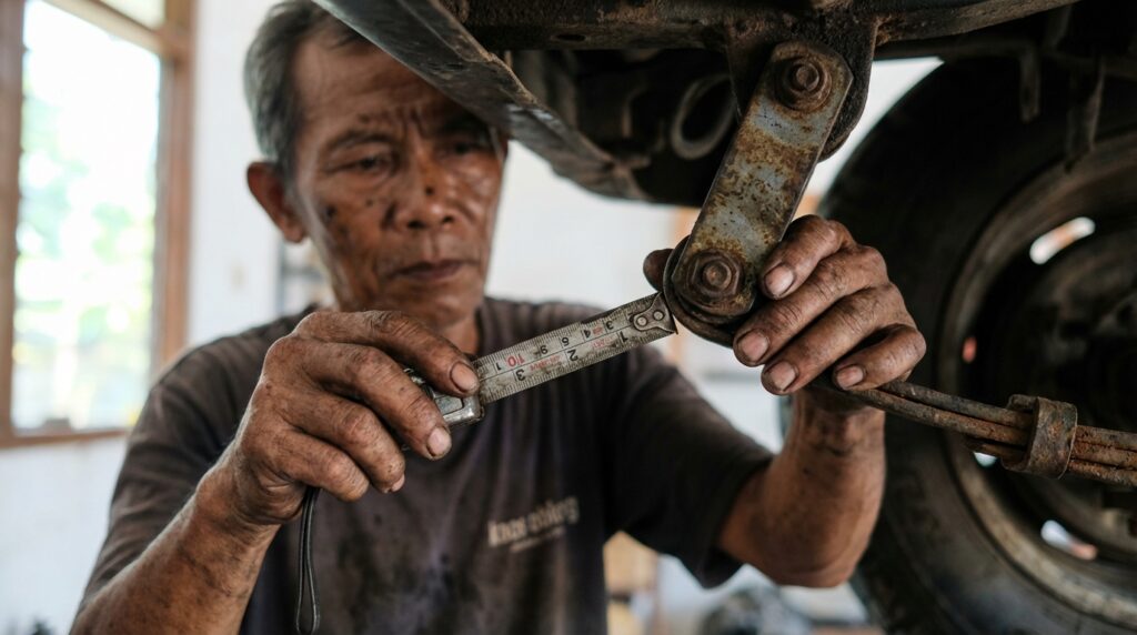 Proses setting dan susunan per daun Suzuki Katana agar suspensi empuk dan nyaman untuk harian.