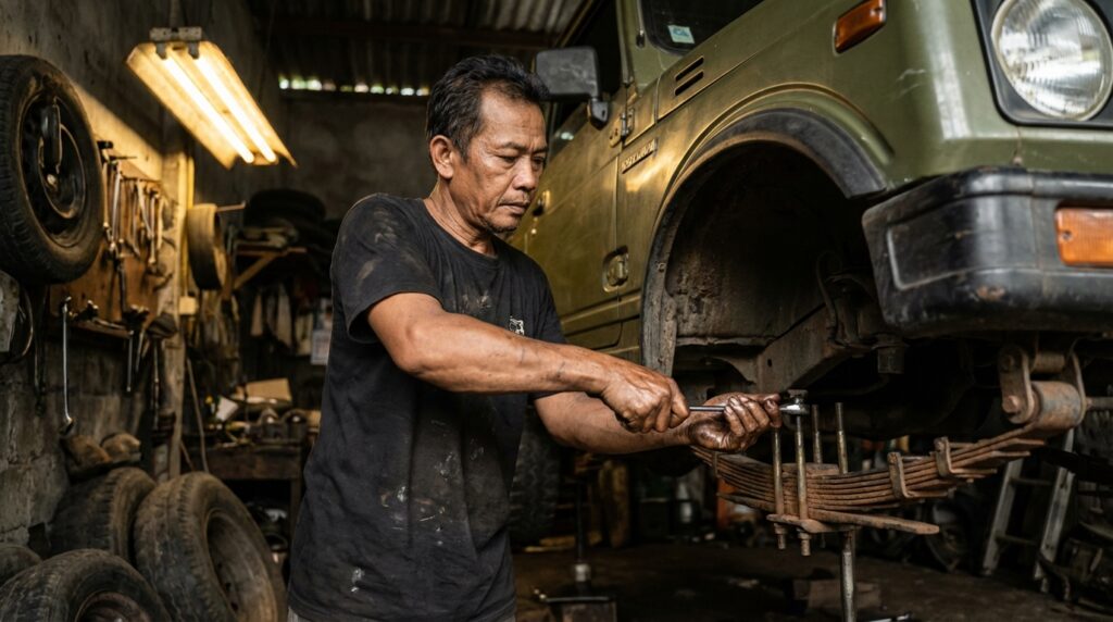 Proses setting dan susunan per daun Suzuki Katana agar suspensi empuk dan nyaman untuk harian.