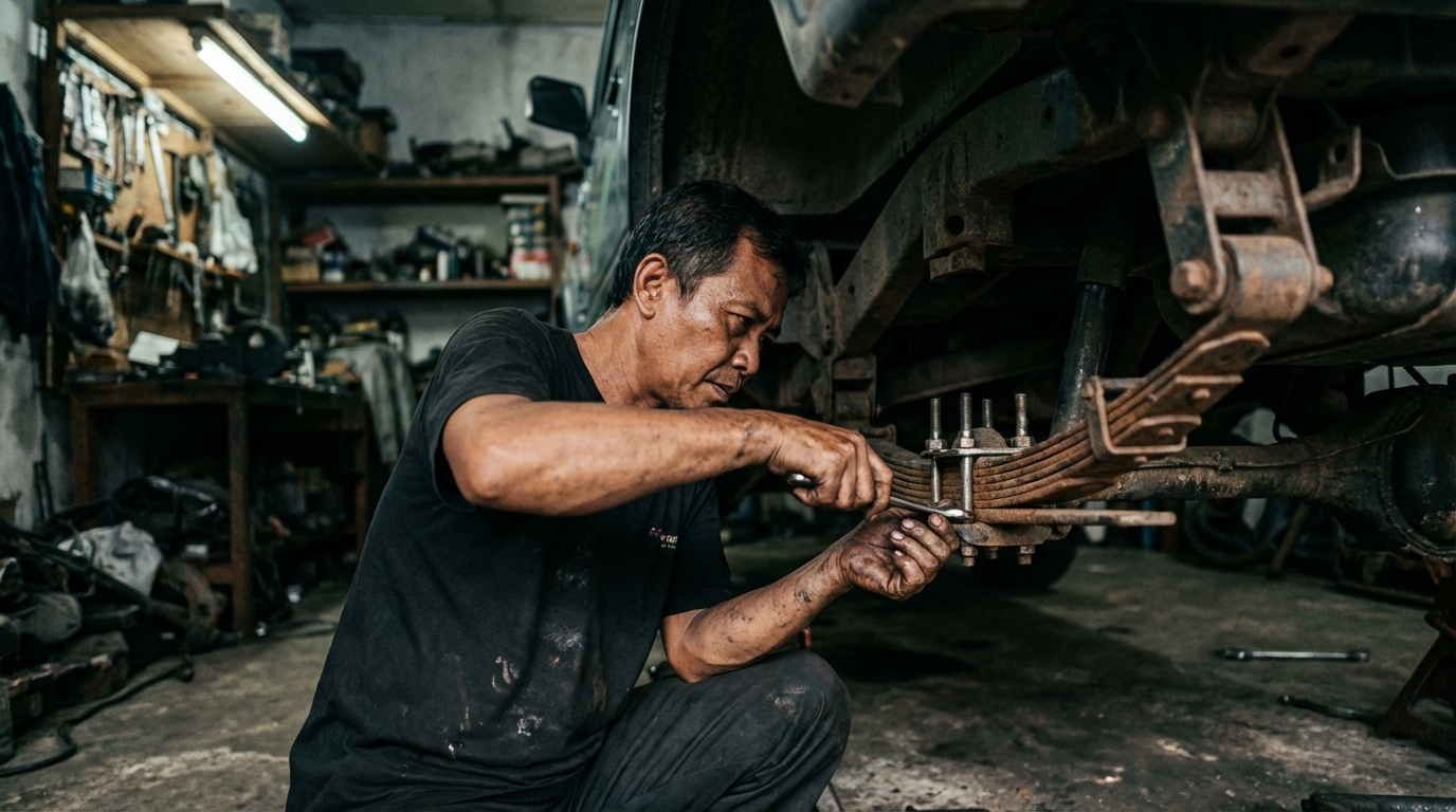 Proses setting dan susunan per daun Suzuki Katana agar suspensi empuk dan nyaman untuk harian.