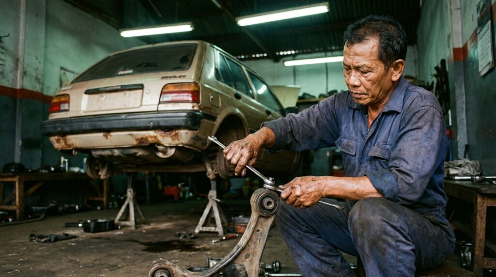  Mekanik mengecek kondisi bushing arm dan tierod mobil tua untuk mencari sumber bunyi gluduk di kaki-kaki depan.