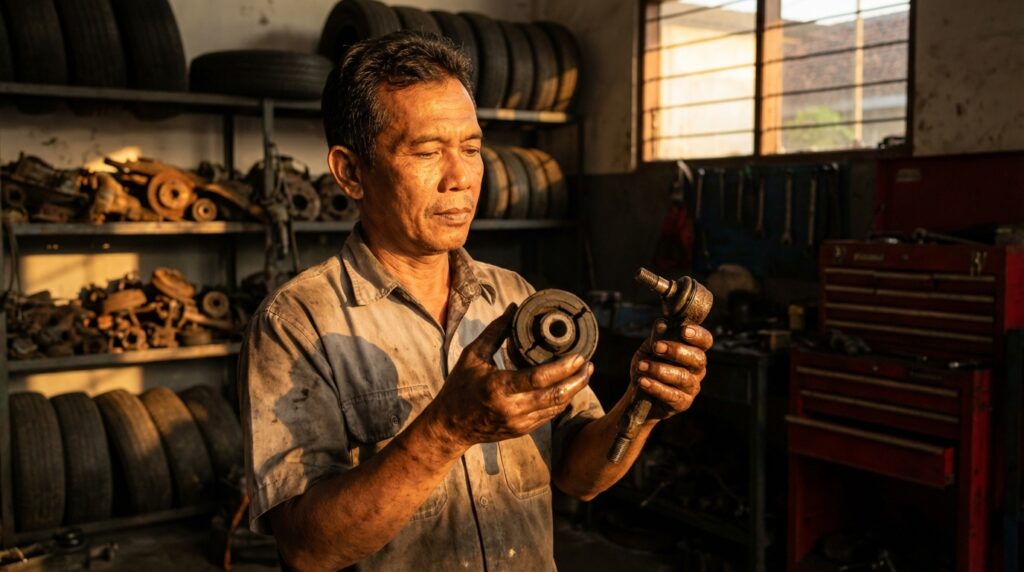 Mekanik mengecek kondisi bushing arm dan tierod mobil tua untuk mencari sumber bunyi gluduk di kaki-kaki depan.