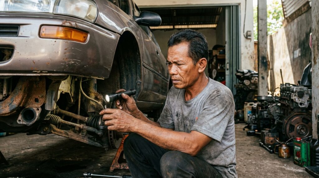 Mekanik mengecek kondisi bushing arm dan tierod mobil tua untuk mencari sumber bunyi gluduk di kaki-kaki depan.